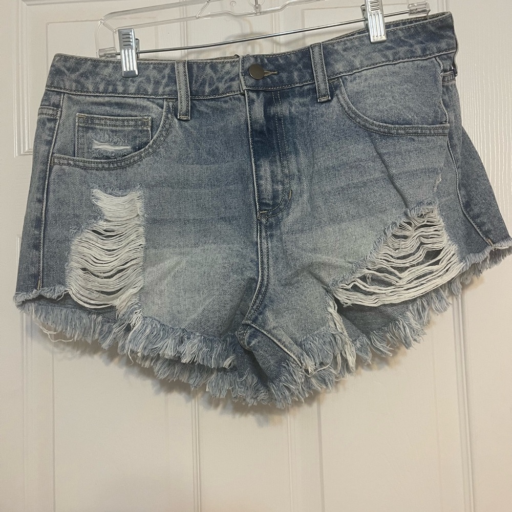 Fashion Nova Light Blue Distressed Jean Shorts